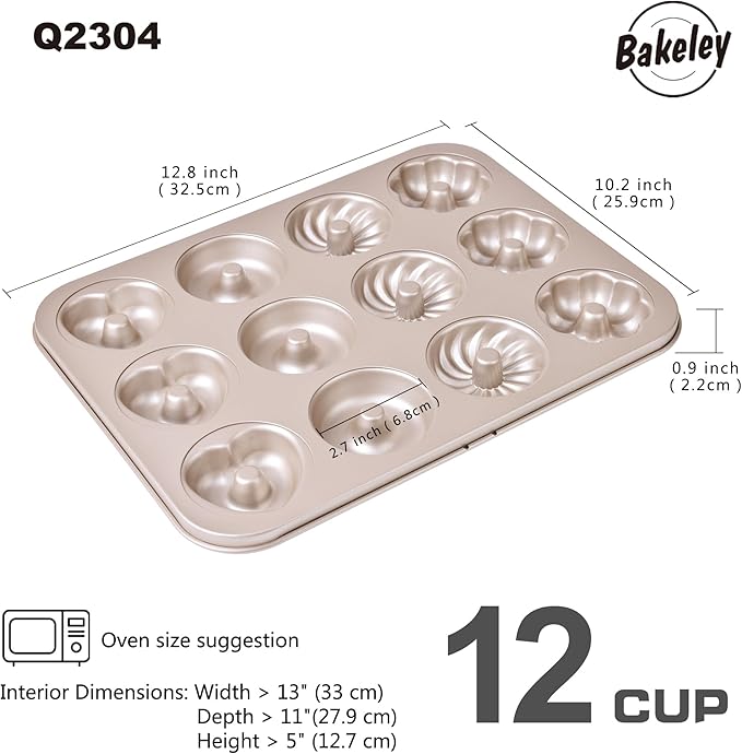Donut Mold Cake Pan, 12-Cavity Non-Stick Ring Doughnut Bakeware for Oven Baking (Champagne Gold)