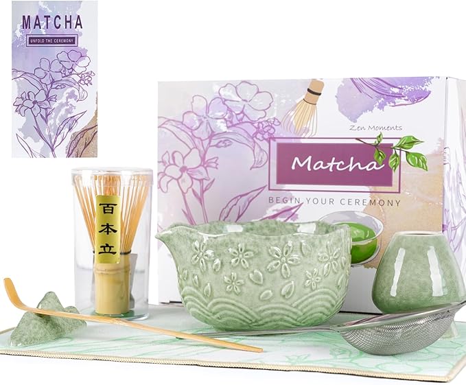 Matcha Whisk Set, Matcha Set 7 Pieces - Ceramic Matcha Bowl with Spout, Bamboo Chasen Whisk & Holder, Scoop, Sifter, Tea Towel - Complete Kit for Matcha Tea Ceremony, Latte, Ideal Gift(Mottled Green)