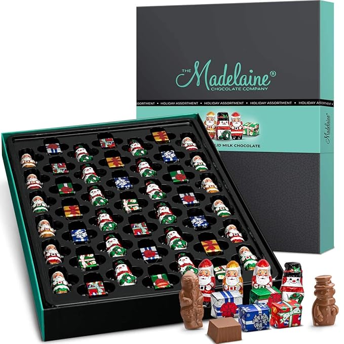 Premium Madelaine Chocolate Gift Box - 45 Assorted Pieces - Rich & Creamy Solid Milk Chocolates - Best Corporate Holiday Gift - Great for Teachers & Coaches - Whimsical Holiday Themed Foil Wrappers