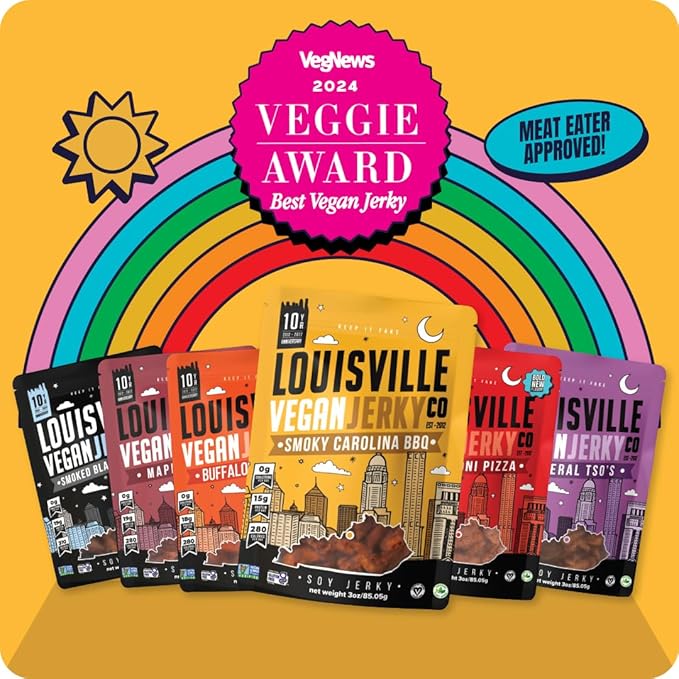 Louisville Vegan Jerky Co. Traditional Variety Bundle Vegan Jerky 3 oz. 5 pack (Smoky Carolina BBQ, Buffalo Hot Wing, Maple Bacon, Pepperoni Pizza, Smoked Black Pepper)