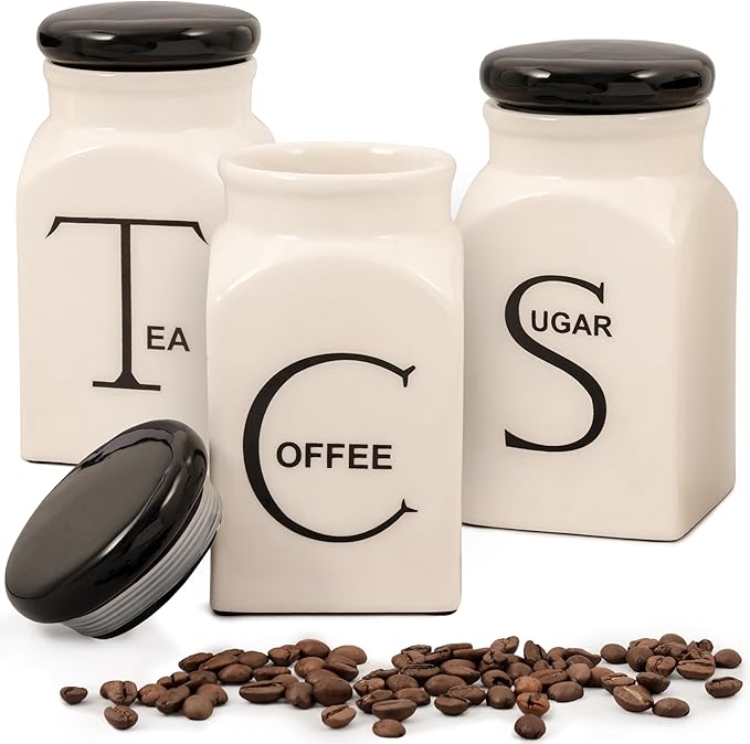 Ceramic Canister Set of 3 – Small Kitchen Canisters for Sugar, Coffee & Tea – Airtight Food Containers with Lids – Coffee Canister, Sugar Container, Tea Set