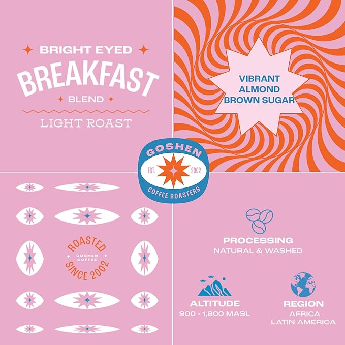 Goshen Coffee Roasters Whole Bean Bright Eyed Breakfast Blend | Light Roast, Brewed or Espresso | Award-Winning - Natural and Washed | Vibrant, Almond, Brown Sugar Flavors | 2 Lb Bag
