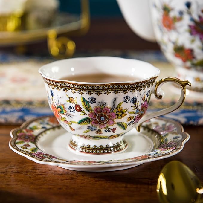 ACMLIFE Fine Bone China Tea Set, British Vintage China Set for Adults 24K Gold, Afternoon Cups and Saucers for Women Tea Party or Gift Giving (Pink and Gold)