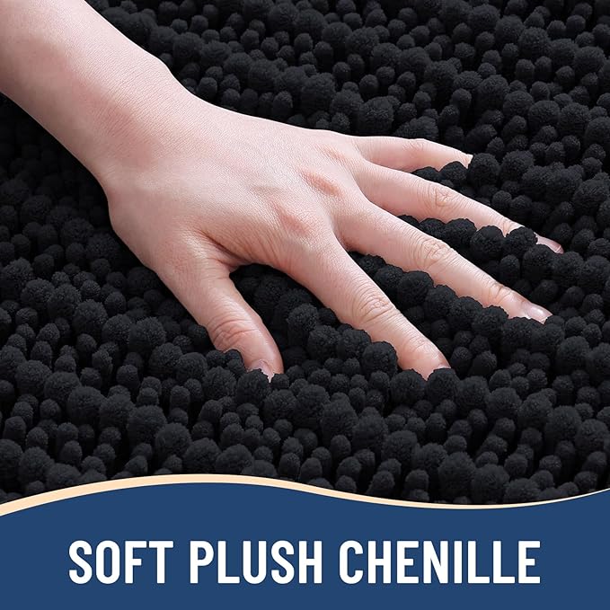 Arotive Luxury Chenille Bathroom Rug Mat, Extra Soft Thick Absorbent Shaggy Bath Rugs, Non-Slip Machine Wash Dry, Plush Bath Mats for Bathroom, Shower and Tub, 30x17, Black