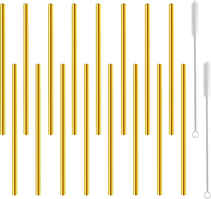Short Cocktail Straws, Metal Stainless Steel Reusable Straw Small Mini 6 Inch for Cocktails Party Accessories Glasses Mason Jar Tumbler Coffee Juice Tea Mojito with Brush, Gold 16PCS