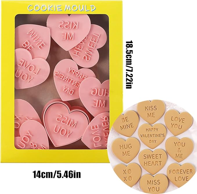 Heart Cookie Cutter Set, 10 Pcs 3D Pressable Biscuit Cutter and Stamps, Valentine's Day Cookie Molds Wedding Party DIY Cake Decorating Kit (B10)