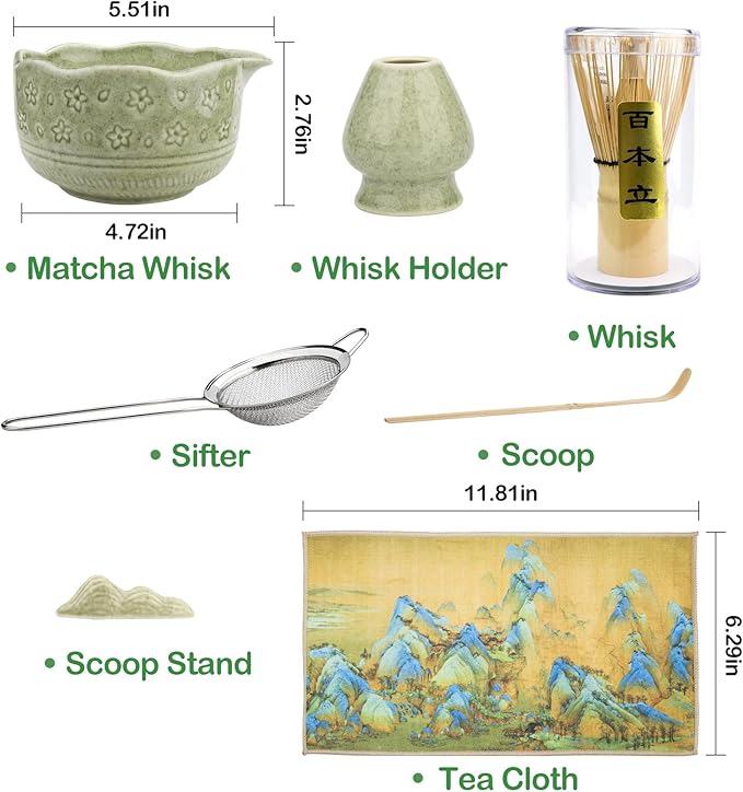 Matcha Whisk Set - 7 PCS Matcha Kit, Matcha Tea Set for Making Breakfast Green Tea Lattes - Whisk, Bowl with Spout, Whisk Holder - Gift for Tea Beginner, Friend, Daughter, Family