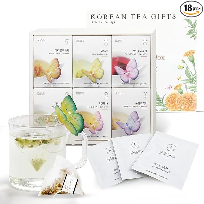 KKOKDAM Korean Tea Gift Set – 6 Flavor Butterfly Tea Bag Sampler – Elegant Box for Tea Lovers - Perfect as Unique Gifts