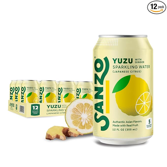 Sanzo Flavored Sparkling Water - Yuzu Lemon Soda Ginger Seltzer - Low Calorie Low Sugar Soda - Craft Asian Drinks - Vegan Gluten Free Carbonated Flavored Water - Fizzy Healthy Drinks - 12oz, 12 Pack