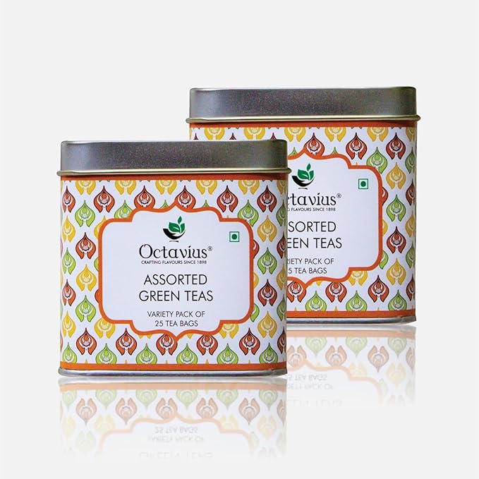 Octavius Tea Variety Pack | 3 Assorted Green Teas | 25 Teabags Per Pack | Sampler Tea Pack | Pack of 2 | 50 Teabags Total | Premium Indian Green Tea Collection