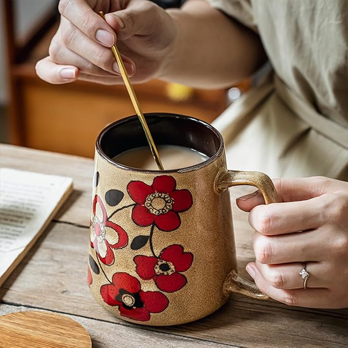 Large 24 oz Ceramic Coffee Mug with Handle, Vintage Floral Coffee Cup, Extra Big Tea Cup for Office and Home, Dishwasher and Microwave Safe, Khaki with Red Flower