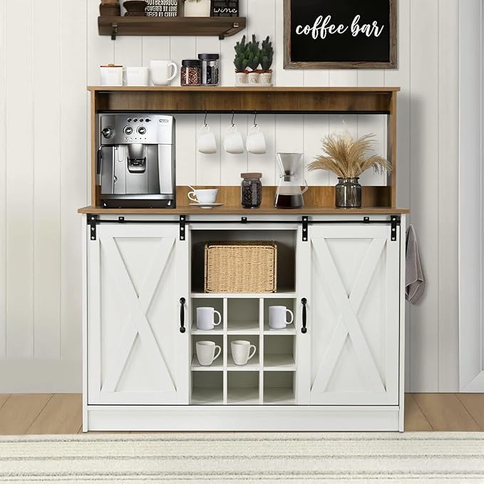 4ever2buy Farmhouse Coffee Bar Cabinet with 6 Hooks, 47'' Kitchen Coffee Bar with Hutch and 9 Wine Racks, White Sideboard Buffet with Sliding Barn Door for Dining Living Room