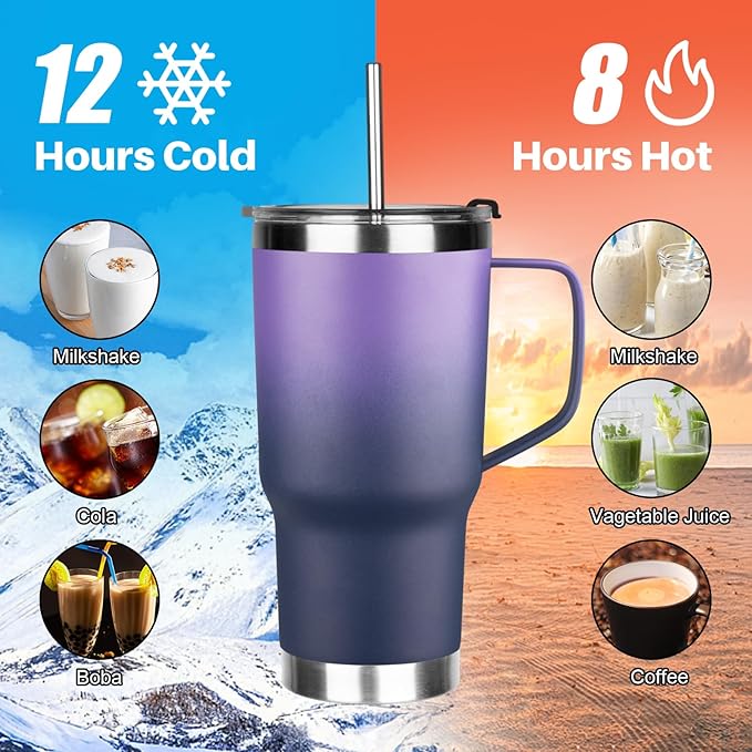 20 oz Tumbler with Handle, Stainless Steel Insulated Tumbler with Lid and Straw, Double Wall Vacuum Coffee Mug Tumbler, Insulated Coffee Thermal Cup for Cold and Hot (Purple Navy blue, 20, ounces)