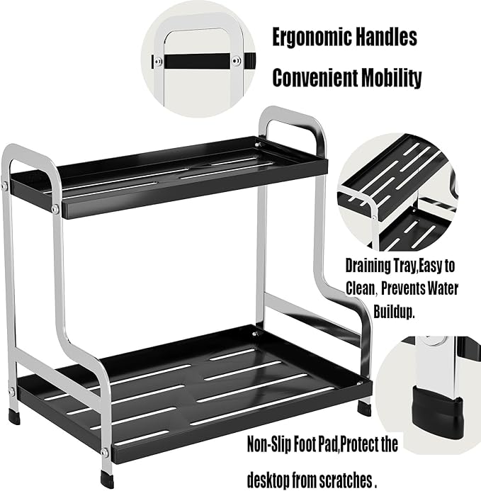 KISKIS Coffee Mug Cup Holder Space Saving 2-Tier Sturdy Stable Metal Storage Shelf, Prevent Falling Scratch Resistant Kitchen Rack Office Bathroom Desktop Organizer,Black+sliver