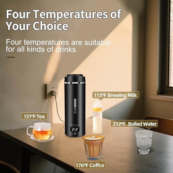 Travel Mini Kettle Portable Small Electric Kettle with Plug-in Boiling & Keeps Warm via USB, Portable Water Boiler with 4 Temperature Settings, 304 Stainless Steel with Auto Shut-off 16oz(Black)