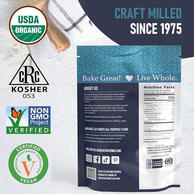 Great River Milling Lily White Organic All-Purpose Flour | Unbleached & Unbromated | Non-GMO, Kosher | Ideal for Bread, Cookies, Cakes, Pizza Dough & Everyday Baking | 5 Lb