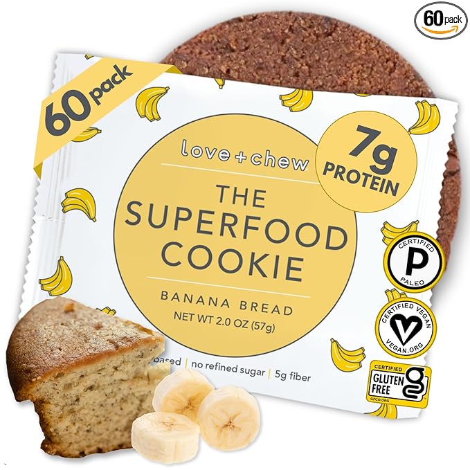 Love + Chew Superfood Soft Baked Cookies, Banana Bread Flavor, Plant Based Cookie Made With Almonds, Chia Seeds, & Bananas for Kids and Adults, Vegan Snacks, Gluten Free, Paleo, Non GMO, 60 Pack