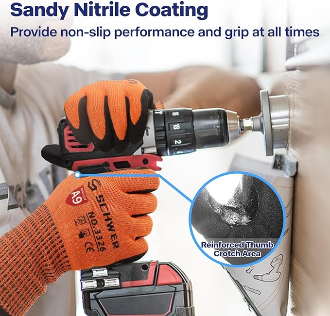 Schwer ProGuard Highest Level Cut Resistant Work Gloves PR3326 for Extreme Protection，ANSI A9 Cut Gloves with Reinforced Thumb, Non Slip, Breathable, Durable, Touch-screen, Non PFAS, Orange1 Pair（S）