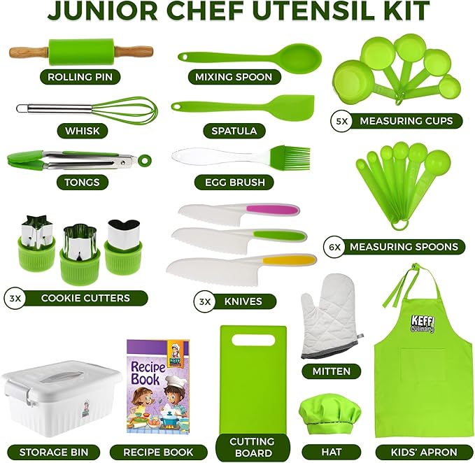 KEFF Kids Kitchen Set for Cooking & Baking with Recpie Book - Kids Knife Set for Real Cooking, Montessori Kitchen Tools for Toddlers - Real Utensils with Cutting Board and Knifes BPA-Free