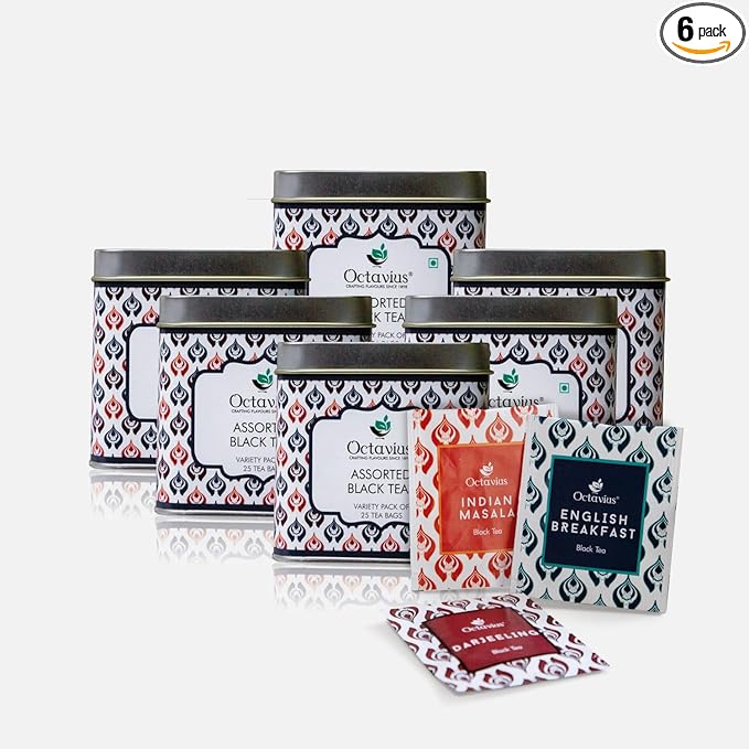 Octavius Tea Variety Pack | 3 Assorted Black Teas – Indian Masala, Darjeeling & English Breakfast | Strong CTC Tea for Milk | 25 Tea Bags Each | Pack of 6 | Rich & Malty Flavor