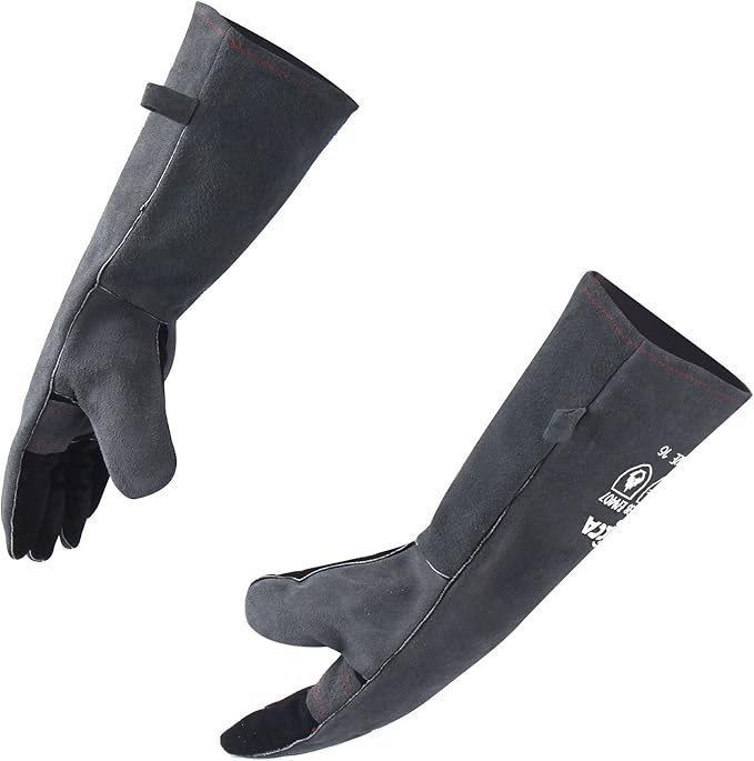 RAPICCA Fireplace Gloves Fire Heat Resistant: Grey 16IN 662℉- Fireproof Leather for Fireplace Fire pit Wood stove Campfire Furnace BBQ Grill Oven Stick Mig Welding Welder Gear - Birthday Gift for men