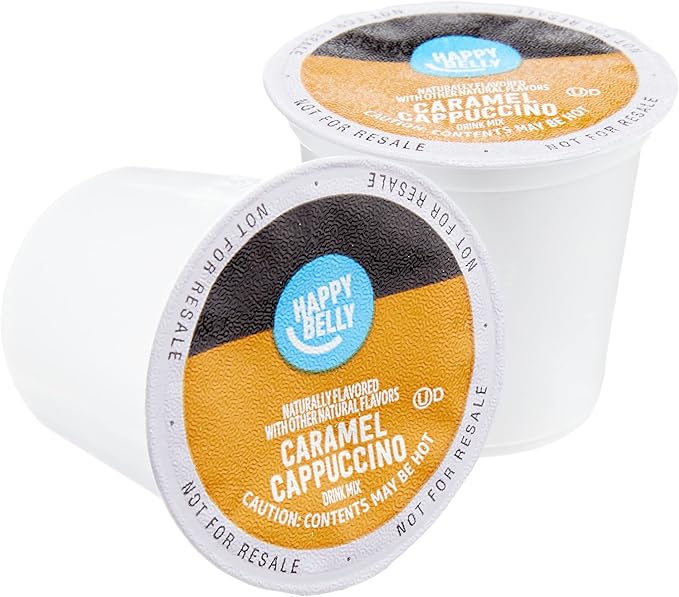 Amazon Brand - Happy Belly Cappuccino Coffee Pods Compatible With K Cup Brewers, Light Roast, Caramel Flavored, 24 Count, 12.72 ounce (Pack of 1)