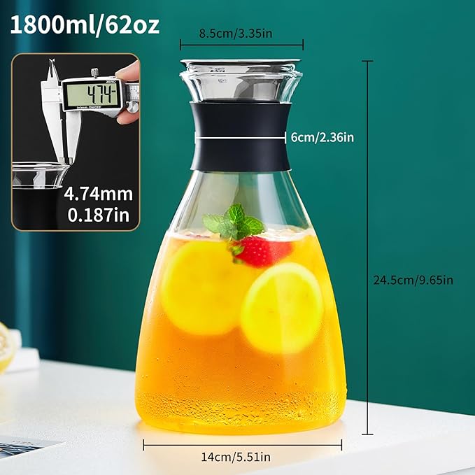 Glass Pitcher with Lid and Spout, 62 OZ Water Jug, Glass Carafe with Lid for Hot/Cold Water, Large Pitcher for Coffee, Juice,Homemade Iced Tea Beverage 1800ML