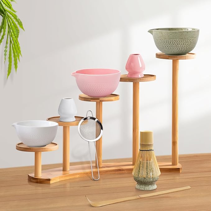 Matcha Whisk Set, Ceramic Matcha Set, Matcha Bowl with Spout, Matcha Whisk & Holder, Sifter and Bamboo Scoop, 5 Pcs Matcha Kit, Matcha Tea Ceremony Gifts for Matcha Lovers & Starter (Matcha Green)