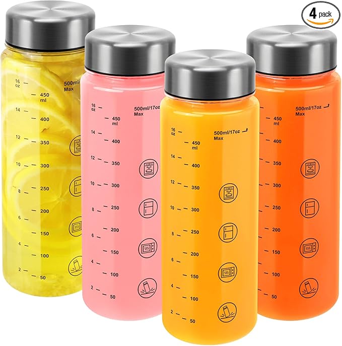 4 Pack Juice Bottles with Caps - Wide Mouth Resuable Clear Plastic Water Bottles for Juicing,Smoothie,Protein, Beverage,Storage Containers,BPA Free,Leakproof Stainless Steel Lid(16 Ounces)