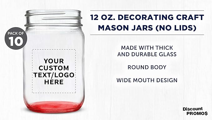 DISCOUNT PROMOS Custom Decorating Mason Jars 12 oz. Set of 10, Personalized Bulk Pack - Glass Jars for Overnight Oats, Candies, Fruits, Pickles, Spices, Beverages - Red