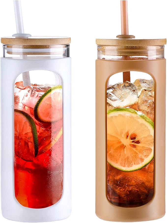 Kodrine 20oz Glass Tumbler with Straw and Lid, Bamboo Lids Water Bottle, Reusable Iced Coffee Cups, Wide Mouth Smoothie Cup with Protective Silicone Sleeve BPA FREE-White+Amber-2pack