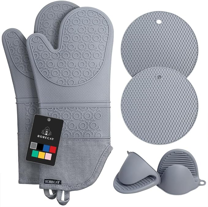 Rorecay 6pcs Oven Mitts and Pot Holders Sets for Kitchen, Extra Long Silicone Oven Gloves High Heat Resistant 500 Degrees Non-Slip Potholders Hot Pads for Baking Cooking, Grey