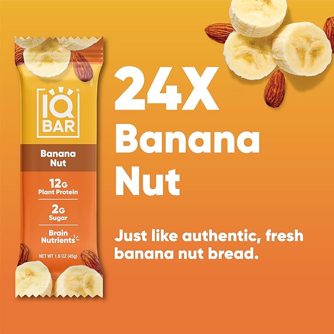 IQBAR Brain and Body Plant Protein Bars - Banana Nut - 24-Count - Keto, Vegan, Low Carb, High Fiber, Gluten Free, Dairy Free, Low Sugar Snack with Nutrients for Focus, Energy, Meal Replacement