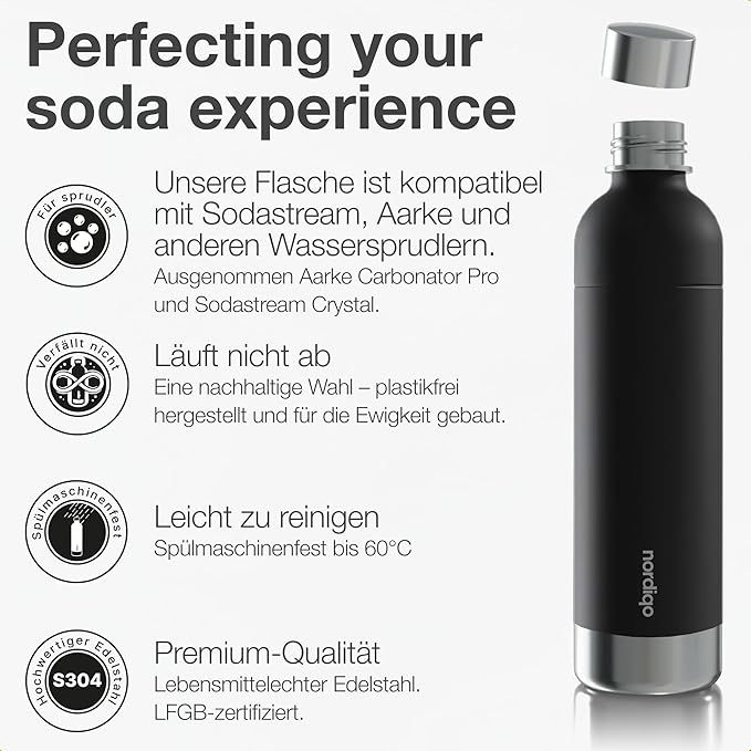 Stainless Steel Carbonating Bottle 33 oz | Compatible with Aarke Carbonator 3, Sodastream (Excl. model Aqua Fizz + Jet) and many others| Dishwasher Safe, No Expiration Date, BPA-Free