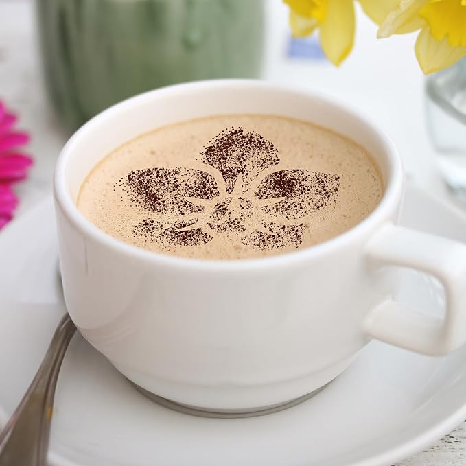 NAKLEO Coffee Stencils and Cookies Decoration 14Pcs 2.8”x2.8” and 4.3”x4.3”, Reusable Plastic Baking Templates, Flowers Rose Tulip, Barista DIY Art Craft, Capuccino Latte Chocolate Cake Biscuit