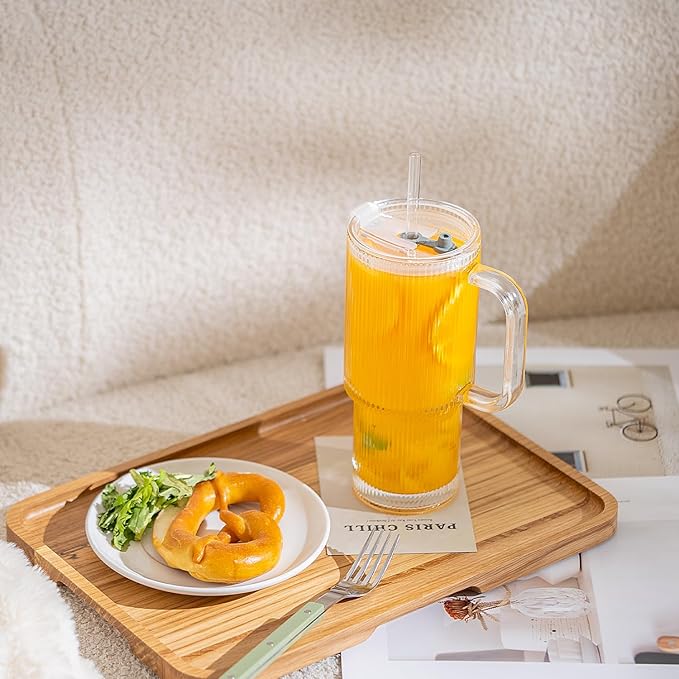 Large 26oz Clear Glass Mug with Handle and Sliding Lid – Aesthetic Ribbed Tumbler for Iced Coffee, Tea, Smoothies & Hot Drinks – Reusable Travel Cup with Straw, Dishwasher Safe (Ribbed Tumbler)