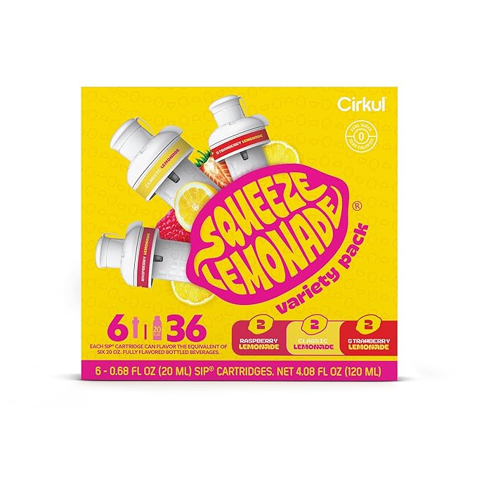 Cirkul Squeeze Lemonade Flavor Cartridge Variety Pack with B Vitamins, 6-Pack (2 Classic, 2 Strawberry, 2 Raspberry), No Sugar, Zero Calorie Drink Mix