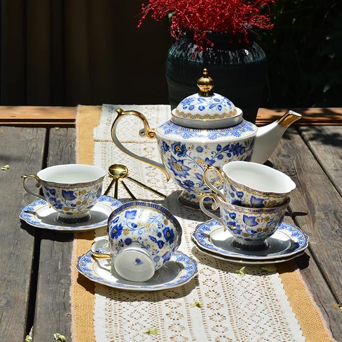 ACMLIFE Bone China Tea Set for Adults, Blue and White Tea Set for 4, Porcelain Vintage Floral China Sets for Women Party with Teapot or Gift Giving (Blue and White)