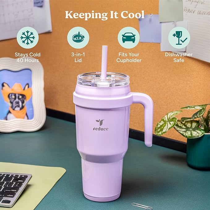 REDUCE 40 oz Stainless Steel Tumbler with Handle - Dual-Wall Vacuum Insulated Travel Mug, Sweat-Proof Lid & Reusable Straw - Keeps Drinks Cold for 24 Hrs, Fits Cupholders, Dishwasher Safe - Sangria