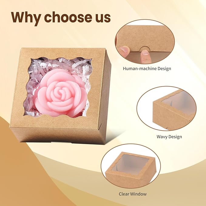 3.2x3.2x1.5 Inches 100PCS Chocolate Truffle Boxes Mini Bakery Boxes with Window for Cookies,Soap,Donut, Macaron,Brownie(Brown)