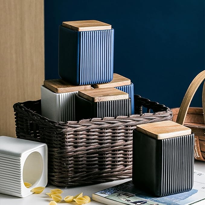 Ceramic Storage Jars Modern Elegant Polished Airtight Gorgeous Storage Canisters with Wooden Lid Small Food Stroage Jar for Kitchen Spice Tea Vanilla Sugar Coffee Beans (Black,Large size,17cm*10cm)