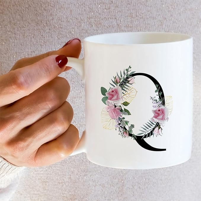Retreez Initial A-Z Floral Botanical Bouquet Alphabet Monogrammed Monogram Mug 11 Oz Ceramic Tea Coffee Mugs - Appreciation Thank You Wedding Birthday Gifts for her friend coworker sister - Q Initial
