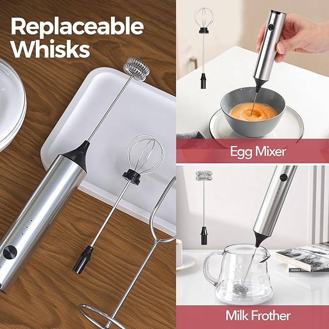 YARRAMATE Rechargeable Milk Frother Wand Handheld With Stand, 3 Speed Adjustable Drink Mixer with 2 Whisks, Stainless Steel Electric Stirrer for Coffee, Lattes, Protein Shakes, Matcha, Egg