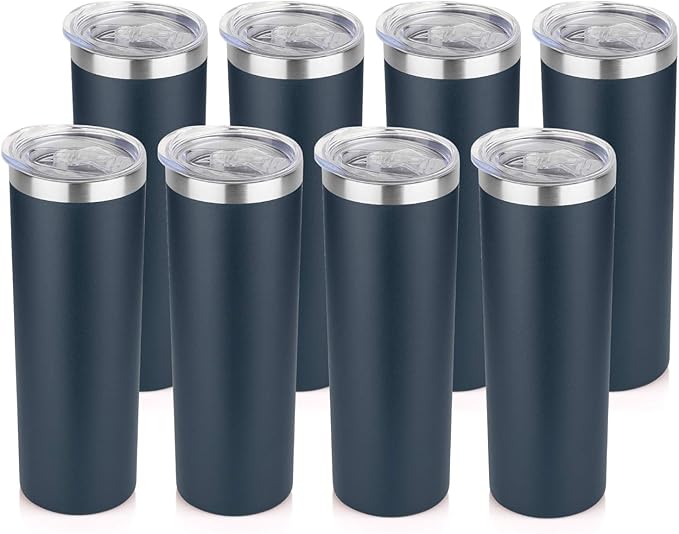 HASLE OUTFITTERS 20 oz Skinny Tumblers Bulk Set, Stainless Steel Insulated Slim Tumblers with Lids, Reusable Double Wall Travel Coffee Mugs, Durable Powder Coated Travel Water Cups(Navy, 8)