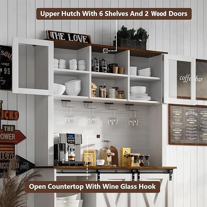 4ever2buy Farmhouse Coffee Bar Cabinet with 2 Glass Doors, 72'' White Bar Cabinet with Sliding Barn Door, Tall Wine Bar with 9 Racks, Coffee Bar Hutch with Storage for Living Room