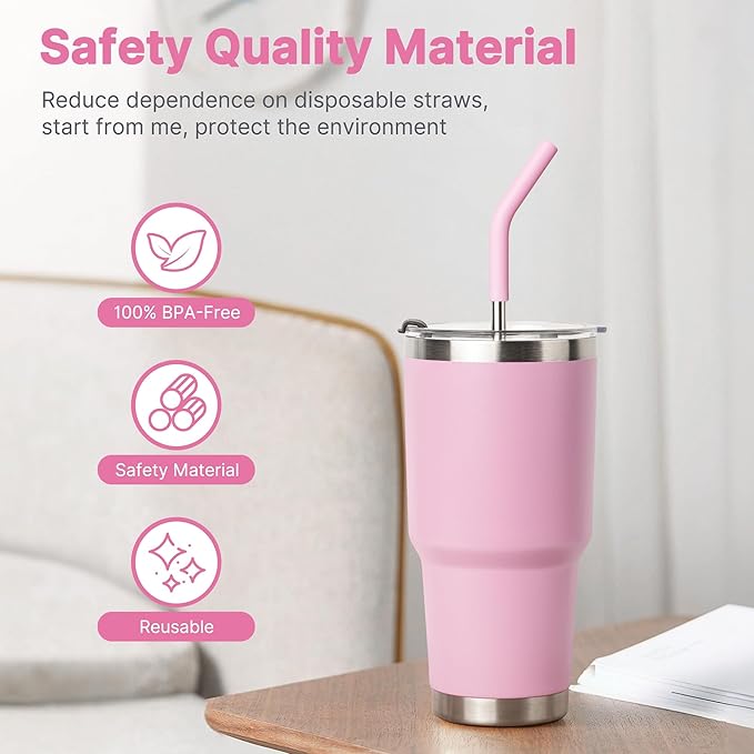 Metal Straws Reusable for YETI 30 oz Tumbler,9.5 "Stainless Steel Drinking Straws with Silicone Tip for 30 oz Cup Tumbler, Cleaning Brush, 1 Portable Bag