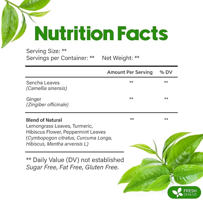 FreshDrinkUS, Premium Green Ginger Tea | 135 Tea Bags | Sencha Green Tea with Ginger, Lemongrass, Turmeric, Hibiscus & Peppermint | Natural Herbal Blend | Comfort & Refreshing, Vegan