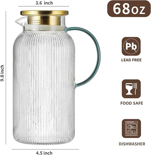 2 PACK Glass Pitcher with Lid,68 oz/ 2 Liter Vertical Stripes Water Pitcher With Green Handle,Glass Water Carafe for Cold Brew,Coffee, Lemonade, Iced Sun Tea,Beverage,Milk Heat Resistant