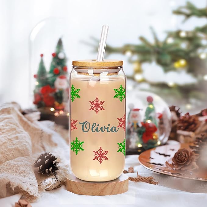 Personalised Christmas Cup, 18oz Clear Glass Cups with Lids and Straws，Cute Cups for Women，Snowflake Design, Reusable Drinking Cup with Bamboo Lids, Christmas Gifts for Men, Women and Friends