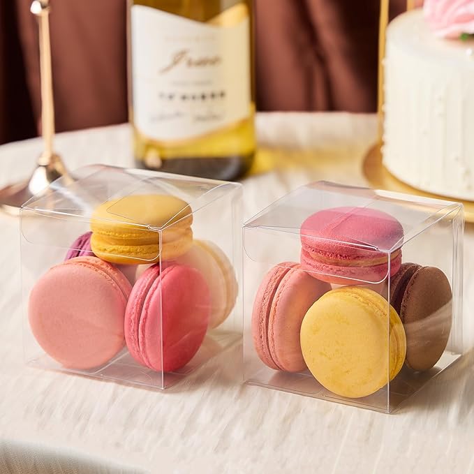 45 Pack 3x3x3 Inches Clear Favor Boxes with Ribbons, Transparent Plastic Cube Treat Boxes for Candy Goodie Gift, Small Individual Hot Cocoa Bomb Packaging Box